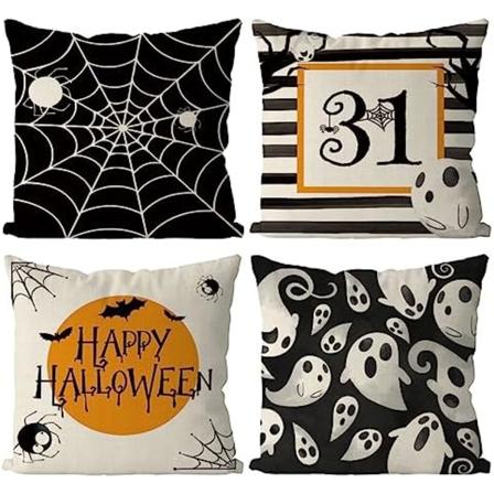 Halloween Putetrekk 18x18 Tommer Sett med 4 Edderkoppnett Spøkelse Putetrekk Svart Stripe Ferie Landsted Kasteputer Ind