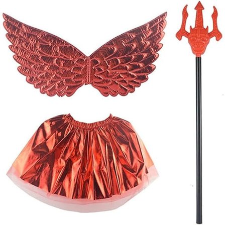 Djævelkostume til Børn, 3-delt Rødt Djævelkostume Sæt med 1 Par Vinger, Rød Kjole og Gaffel, Sød Halloween Kostume til Piger og Drenge, Sjov Leg