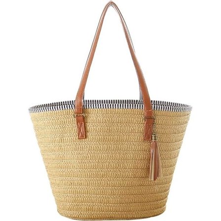 Sjøgress Håndveske Sommer Strandveske Dame Skuldertaske med Lærhåndtak Duskhåndveske Skulderreimveske Handlepose Håndverksveske for Reise (Brun)