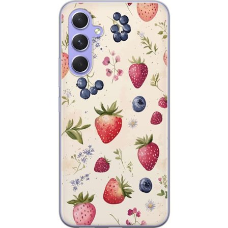 Kompatibel Mobilcover til Samsung Galaxy A54 Sommerlig bær mønster med jordbær, blåbær og blomster i akvarel stil - trendy og lys design i bløde farve