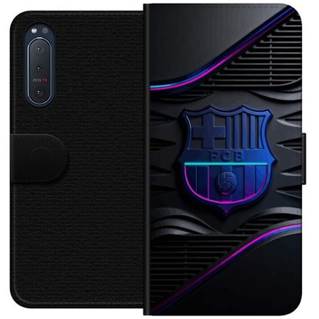 Yhteensopiva Lompakkokotelo Sony Xperia 5 II FC Barcelonan seuraemblemii neon sinistä ja vaaleanpunaista futuristisella metallisella suunnittelulla