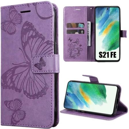 Fodral för Samsung Galaxy S21 FE, skyddande lila PU-läder med elegant magnetisk stängning med fjärilsmönster (ej för S21) Lila