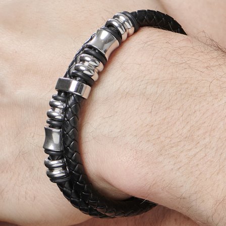 Zwarte Torn Bolo Leren Armband voor mannen - Stalen armbanden