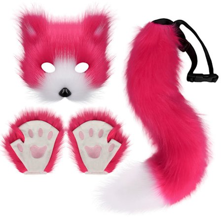 Kunstig Pels Rævehale Kat Varulv Cosplay Kostume Sæt Plys Maske Fluffy Potehandsker Halloween Jul Rosarød Rose rød