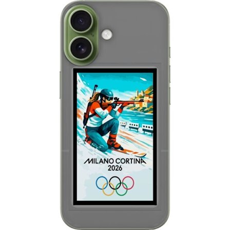 Yhteensopiva Puhelinkuori Apple iPhone 17 Retrojuliste Cortina Milano 2026 vuorilla, talviurheilijoilla, italiankoloreilla, Milanon tuomiokirkolla ja