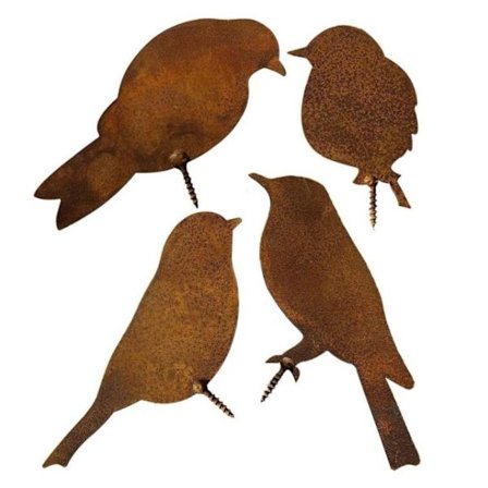 4 stk. rustne fuglehageornamenter, metallfuglsilhuettstatue med skruer, utendørs dekorasjon egnet for hage, gjerde, trestubbe