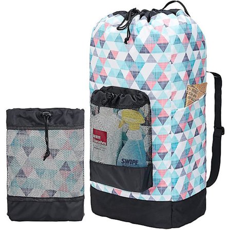 Vasketøjsrygsæk 60l Foldbar vasketøjspose med skulderstropper, netlomme 600d