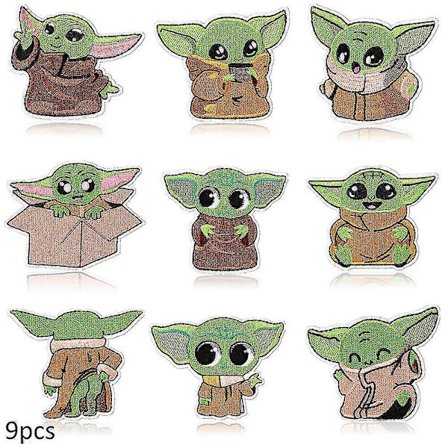9 kpl söpöjä Baby Yoda -sarjan kirjailtuja paikkoja, ommeltavaksi tai silitysrautaan kiinnitettäväksi koristeelliseksi paikka-applikaatioksi 
