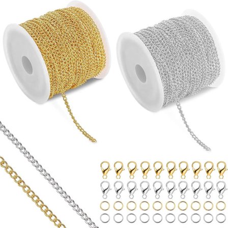 5 m guldfarvet og sølvfarvet smykkekæde, halskædekæde med 60 hummerlåse og 120 springringe, halskædekæder til gør-det-selv-halskæder