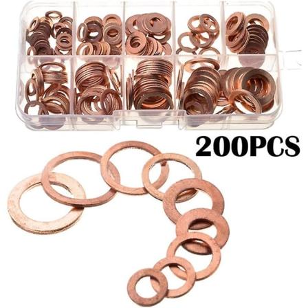 200 stykker kobberskive sortimentsett, 9 størrelser metallskiver Pakninger M5 M6 M8 M10 M12 M14 mekanisk tetningsskive med plastboks