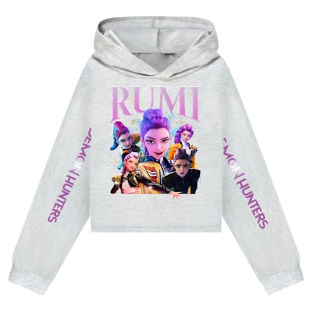 Kpop Demon Hunter Girls Cropped Hoodie med trykte ærmer - Grå XXL Gray XX[F]