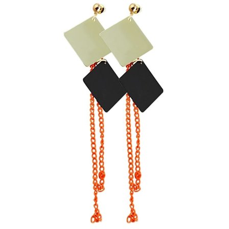 Långa Örhängen med Orange Kedjor & Fyrkanter i Svart & Guld