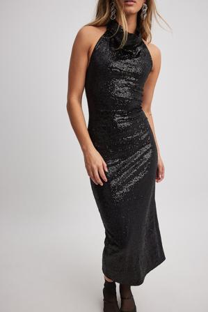 NA-KD Robe mi-longue à col cheminée et dos ouvert, sequin - Robes de fête - Noir - Small