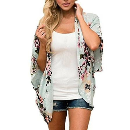 Kvinder Blomster Kimono Cardigan Toppe Sjal Cover Up Jakke Light Green L