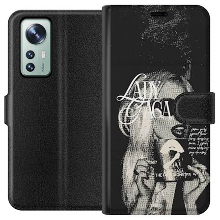 Yhteensopiva Lompakkokotelo Xiaomi 12 Lady Gaga mustavalkoinen retrojuliste aurinkolaseilla ja pop-taide-estetiikalla