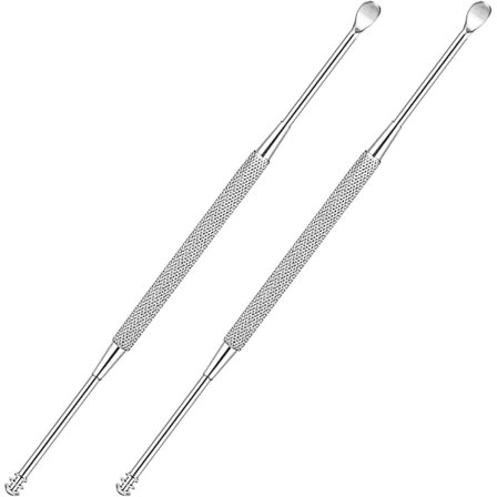 2-pakning - Øreskje i rustfritt stål, bærbar dobbeltsidig øreplukker, verktøy for fjerning av ørevoks, rengjøring av ørerenser, skje, spiral 