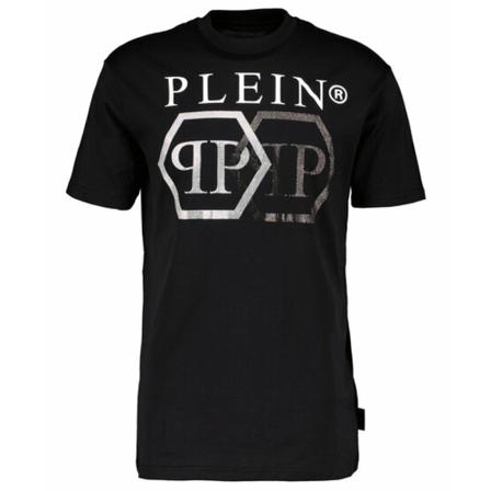 Philipp Plein, T-Shirt Round Neck SS Stones Hexagon Zwart, Heren, Maat:L