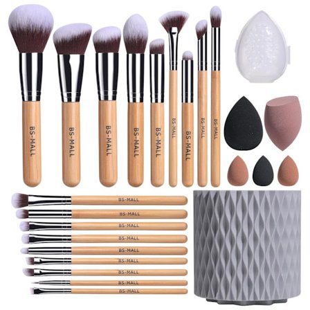 BS-MALL Makeup Pensler Premium Syntetisk Foundation Pudder Concealers Øjenskygger 18 Pcs Pensel Sæt med 5 Svampe & Holder Svampe Etui