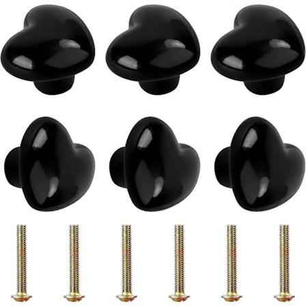 Pakke med 6 hjerteformede skapknotter, keramiske møbelknotter, skuffknotter, knotter for skap med skruer for skap, garderober (svart)