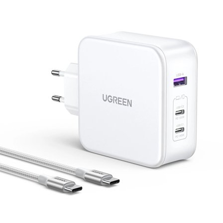 Ugreen GaN Fast charger 2x USB-C, 1 x-USB-A, PD, QC + USB-C cable, 1.5m - White - White
