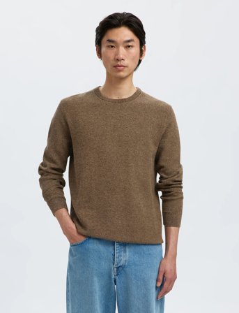 Selected Slhross Ls Knit Structure Crew Neck Noos - Brown - XL