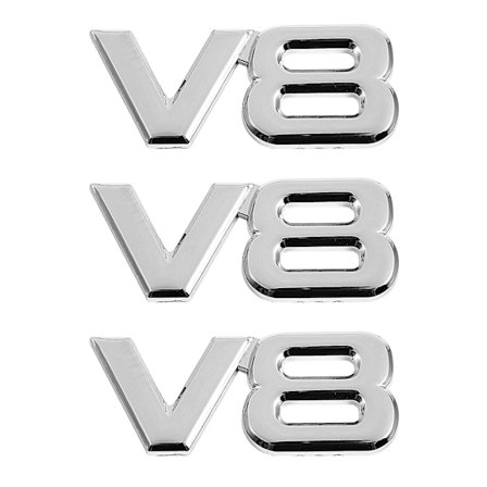 3x 3D Sølv Auto Motor V8 Bil Bag Emblem Dekal Badge Sticker 7,5x3,5cm