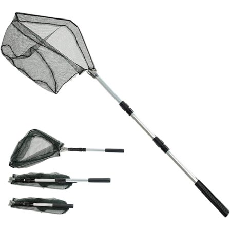 Sammenleggbart fiskehåv, 150 cm langt teleskophåndtak, 4 seksjoner av aluminiumslegeringsstang/triangulært nylonnett