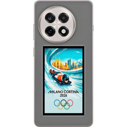Yhteensopiva Puhelinkuori OnePlus 13R Dynaaminen kelkkailija tai skeleton-ajaja jääkanavalla Milanon Cortina 2026 kanssa, kaupunkinäkymä ja olympialai
