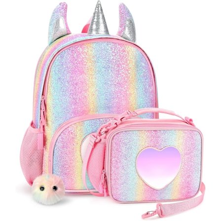 mibasies Piger Rygsæk til Børn, Enhjørningerygsæk til Piger, Glitter Regnbue Grundskolerygsæk (Glitter Regnbue Sæt)