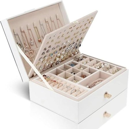 Smykkeskrin oppbevaring for halskjeder øredobber armbånd ringer stort PU-skinn med 3 lag stablebart smykkeskrin stativ hvit