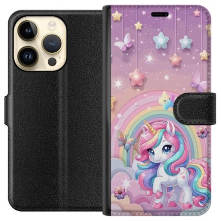 Kompatibel Tegnebogsetui til Apple iPhone 14 Pro Magisk enhjørning med regnbue manke, stjerner og sommerfugle mod en pastelfarvet himmel med skyer