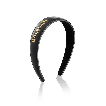 BALMAIN PARIS Hair Couture Cellulose Acetate Pince à Cheveux Black Leather Headband With Gold Plated Logo, Hår, Hårpynt, Hårbøjler
