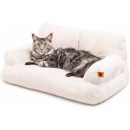 Stilig katteseng for store innekatter - Myk og fluffy kattesofa - Søt kattesengsofa med sklisikker bunn, hvit