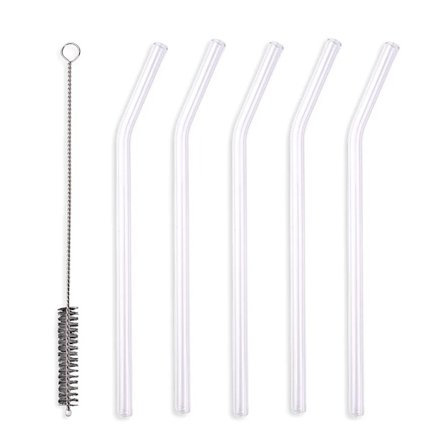 5-delade sugrör av glas böjda genomskinliga med rengöringsborste återanvändbara sugrör glashalm