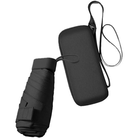 Sammenleggbar Reise Paraply, Liten Kompakt Paraply for Sol og Regn Vindtett UV Paraply med Glidelås Etui for Kvinner Jente, Svart