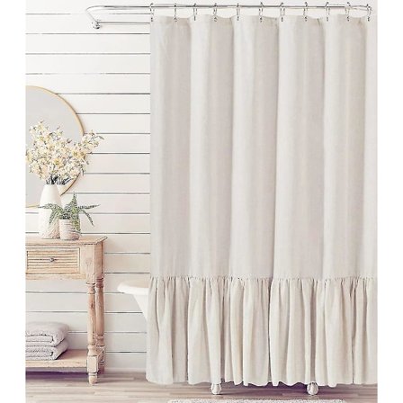 Lantligt duschdraperi med volangkant, duschdraperi i linneblandning för badrum, natur, 183 x 183 cm