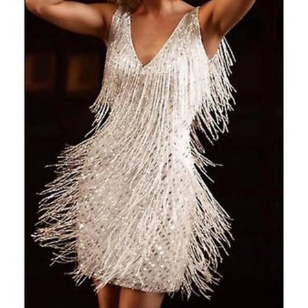 Cocktailkjole til kvinder med dyb V-udskæring, frynser overalt, spaghettistropper, cocktail-aftenminikjole (5XL Hvid)