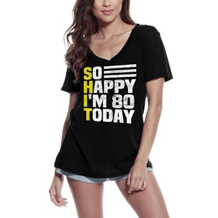 T-shirt med v-ringad dam Vintage Så glad jag är 80 idag 80:e 80 år T-shirt present 80:e födelsedag Vintage år 1943 Svart