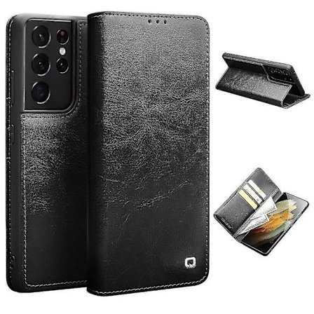 QIALINO Ekte Lær Telefondeksel for Samsung Galaxy S21 Ultra 5G Stativ Lommebok Folio Flip Case