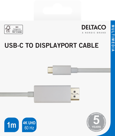 Deltaco USB-C - DisplayPort cable, 4K UHD, gold plated, 1m, white