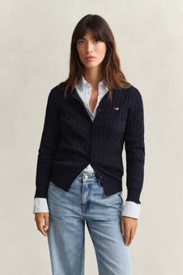 GANT - Bomullskabelstrikket cardigan med stretch til dame evening blue