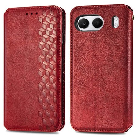 OnePlus Nord 4 nahkainen kotelo tyylikkäällä kuutiokuvioinnilla - Punainen