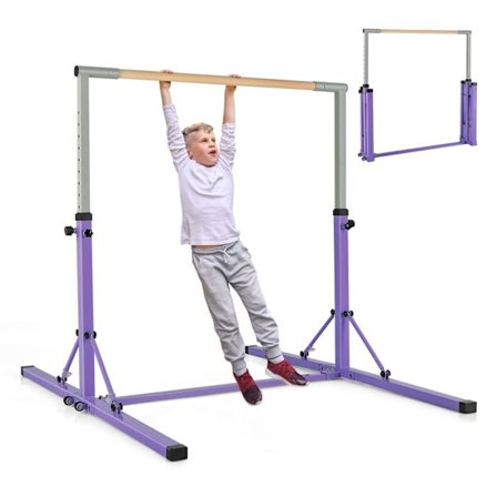 COSTWAY Foldbar børnegymnastikstang med hjul - 13 Højdejusterbar 90-150CM - Belastning 100 KG - Lilla - Bøgetræ Metalramme