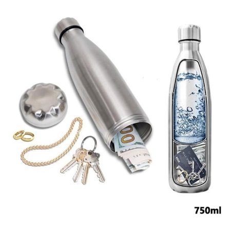 Turvallinen vesipullo piilotetulla salalokerolla - ruostumattomasta teräksestä valmistettu säilytyslaatikko lipuille, avaimille, auton avaimille - 