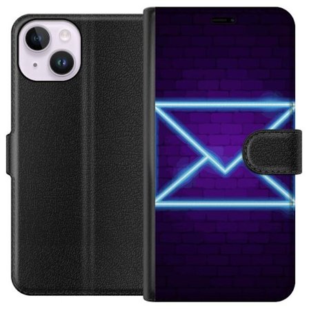 Kompatibel Tegnebogsetui til Apple Apple iPhone 15 Neon illustration af kuvert i blåt lys mod lilla teglvæg, moderne symbol for beskeder kommunikati