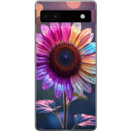 Kompatibelt Mobildeksel til Google Pixel 6a Irideserende blomst med glitrende kronblad i rosa lilla og gull mot myk bokeh bakgrunn