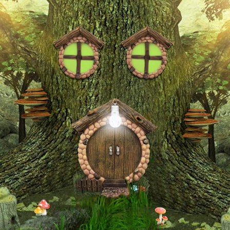 Fevindu og dør, lysende fe-trevindu, miniatyr fe-tredekorasjon, vindusgård, barnas hageskulptur, vegg, utendørs, hage, plen