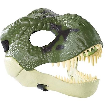Dinosaurusmaski, jossa aukeava leuka, silmä- ja nenäaukot sekä turvallinen hihna (vihreä)