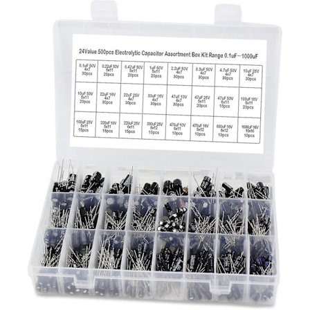 Sortimentssett med 24 verdier 500 stk. elektrolyttkondensatorer, område 0,1uf 1000uf