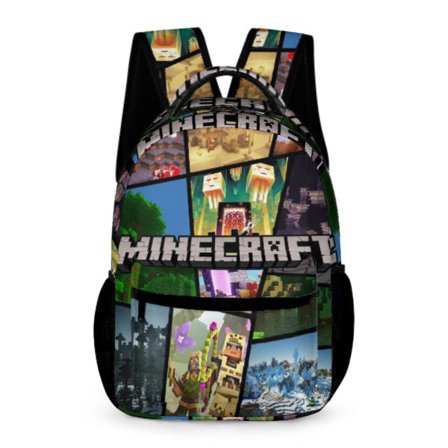 Minecraft Drenge Rygsæk | Sort Børne Rygsæk | Grøn Creeper, Zombie Skelet, Enderman og Huleedderkop Mønstre